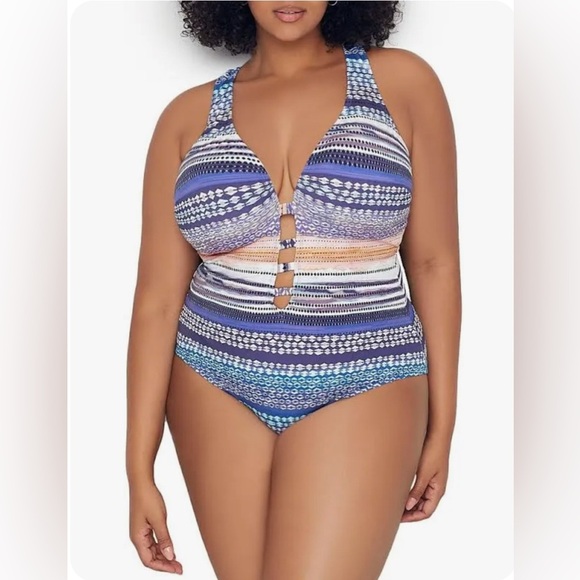 Kenneth Cole 1X Standard Keyhole Front Cross Back OnePiece Tummy Toner Swimsuit - Picture 1 of 10